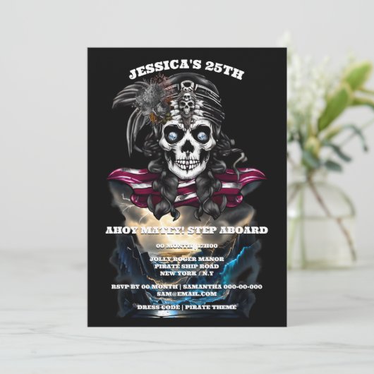 Pirate schedel vrouw grot schat thema feest kaart (Staand voorkant)
