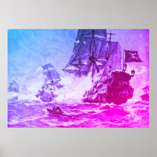 PIRATE SCHEEPSBATTLE IN PAARSE BLAUW POSTER