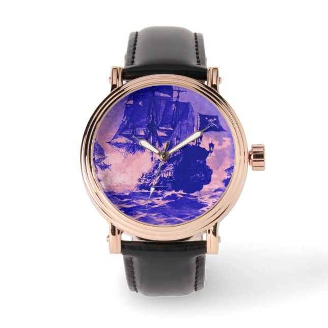 PIRATE SCHIP BATTLE, BLAUW PINK NAUTISCH HORLOGE (Voorkant)