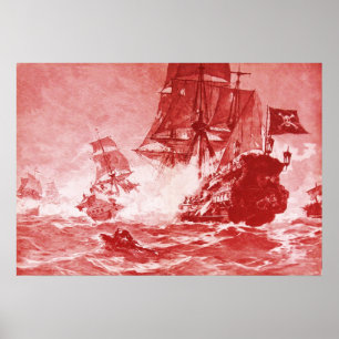 PIRATE SCHIP BATTLE IN ANTIEK ROOD POSTER