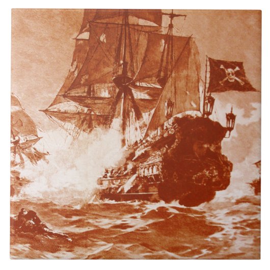 PIRATE SCHIP BATTLE IN bruine sepia Tegeltje (Voorkant)