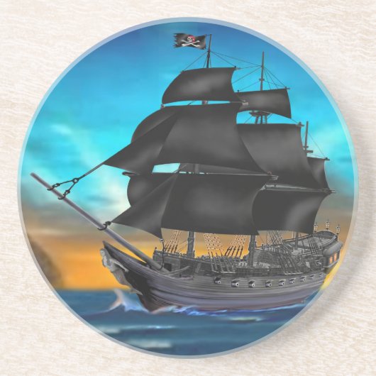 PIRATE SCHIP OP SUNSET ZANDSTEEN ONDERZETTER (Voorkant)