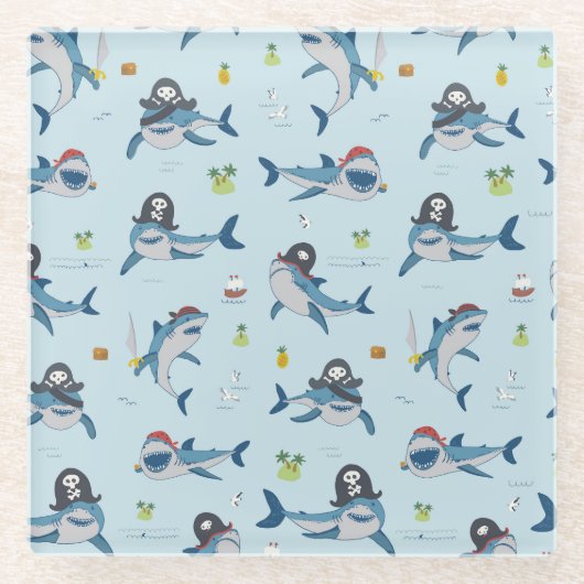 Pirate Shark Doodle Illustratie Glazen Onderzetter (Voorkant)