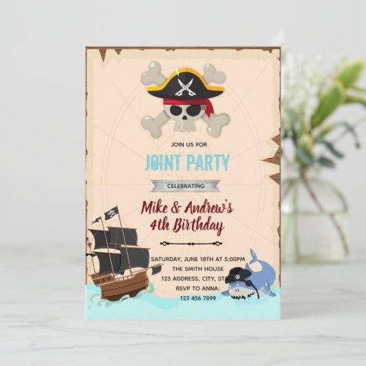 Pirate shark verjaardagsdagsuitnodiging kaart (Staand voorkant)