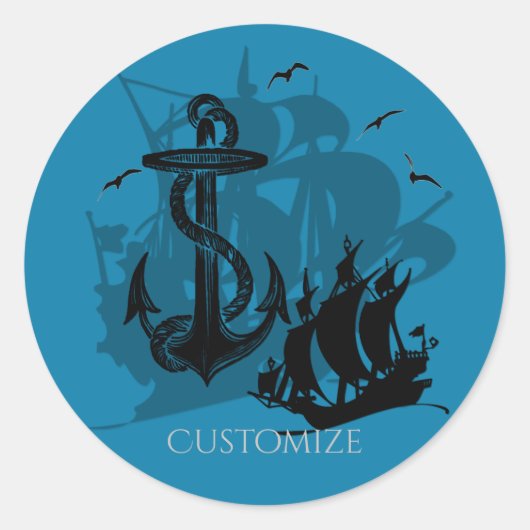 Pirate Ship & Anchor Black Silhouette 2 Ronde Sticker (Voorkant)