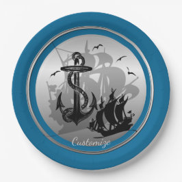 Pirate Ship & Anchor Black Silhouette Borden 3 Papieren Bordje