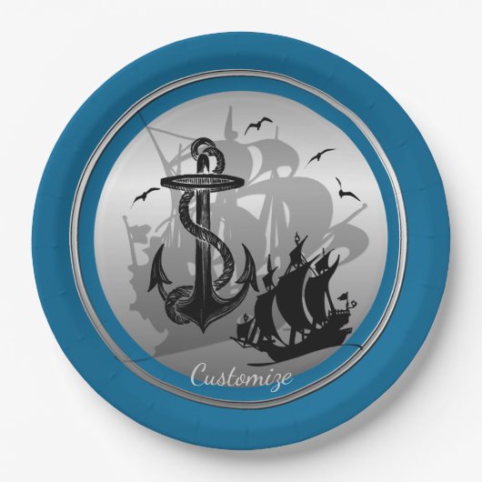 Pirate Ship & Anchor Black Silhouette Borden 3 Papieren Bordje (Voorkant)