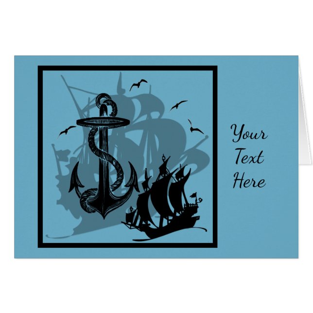 Pirate Ship & Anchor Black Silhouette Card 3 (Voorkant Horizontaal)