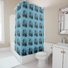 Pirate Ship & Anchor Black Silhouette Curtain 2 Douchegordijn