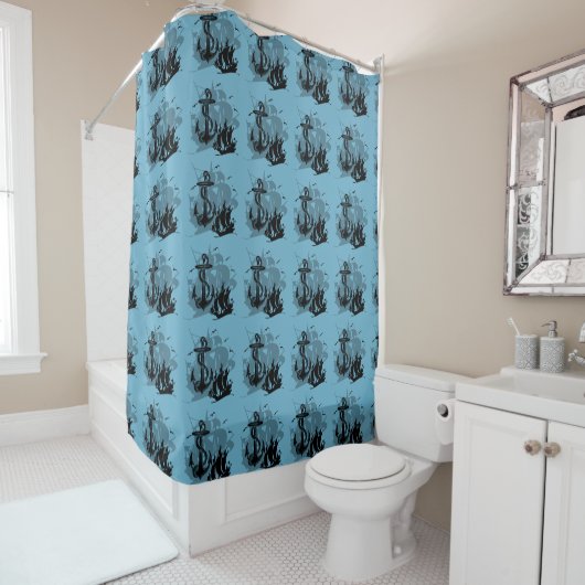 Pirate Ship & Anchor Black Silhouette Curtain 2 Douchegordijn (In situ)