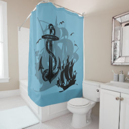 Pirate Ship & Anchor Black Silhouette Curtain Douchegordijn