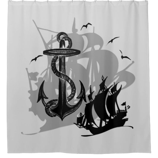 Pirate Ship & Anchor Black Silhouette Douchegordijn (Voorkant)