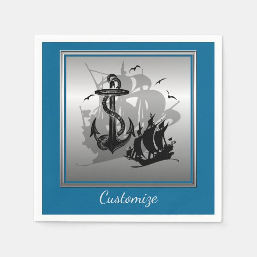 Pirate Ship & Anchor Black Silhouette Napkins 4 Servetten (Voorkant)