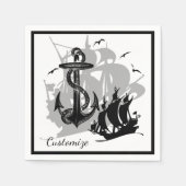Pirate Ship & Anchor Black Silhouette Napkins Servetten (Voorkant)