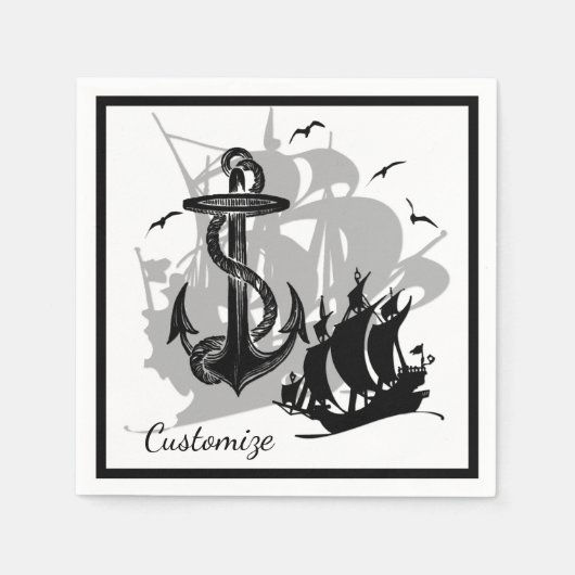 Pirate Ship & Anchor Black Silhouette Napkins Servetten (Voorkant)