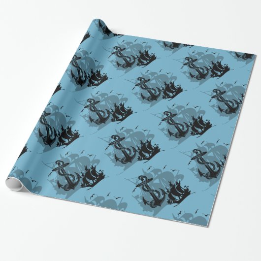 Pirate Ship & Anchor Black Silhouette Paper 2 Cadeaupapier (Uitgerold)
