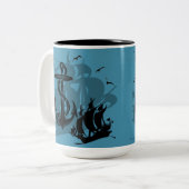Pirate Ship & Anchor Black Silhouette Tweekleurige Koffiemok (Voorkant links)