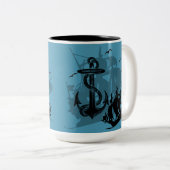 Pirate Ship & Anchor Black Silhouette Tweekleurige Koffiemok (Voorkant rechts)