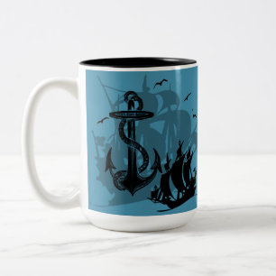 Pirate Ship & Anchor Black Silhouette Tweekleurige Koffiemok