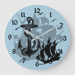 Pirate Ship & Anchor Black Silhouette Wall Clock 2 Grote Klok