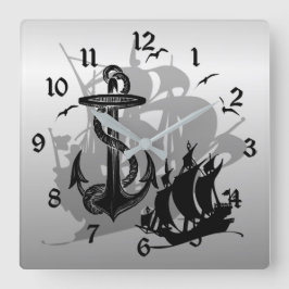 Pirate Ship & Anchor Black Silhouette Wall Clock Vierkante Klok