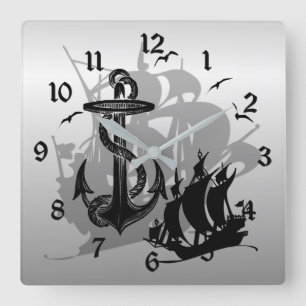 Pirate Ship & Anchor Black Silhouette Wall Clock Vierkante Klok