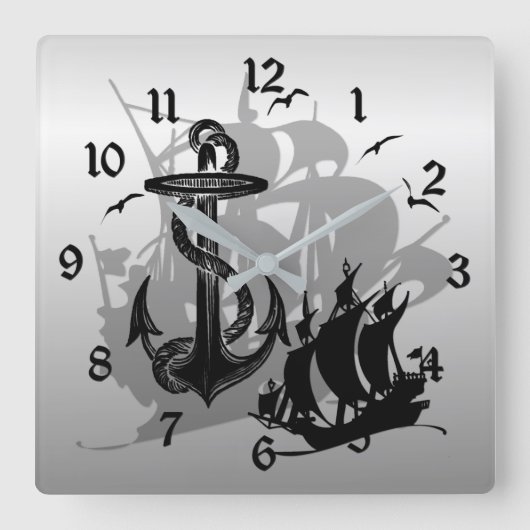 Pirate Ship & Anchor Black Silhouette Wall Clock Vierkante Klok (Voorkant)