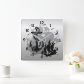 Pirate Ship & Anchor Black Silhouette Wall Clock Vierkante Klok (Huis)