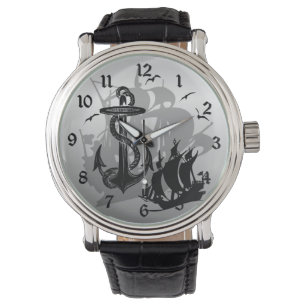 Pirate Ship & Anchor Black Silhouette Watch 2 Horloge