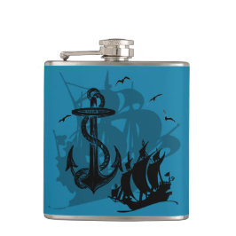 Pirate Ship & Anchor Blue Heupfles