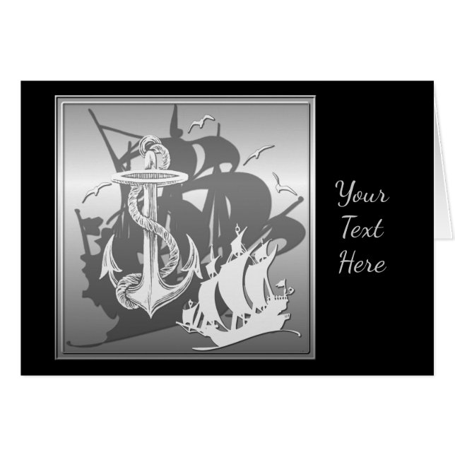 Pirate Ship & Anchor White Silhouette Card (Voorkant Horizontaal)