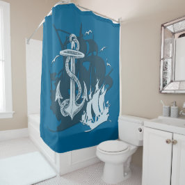 Pirate Ship & Anchor White Silhouette Curtain Douchegordijn