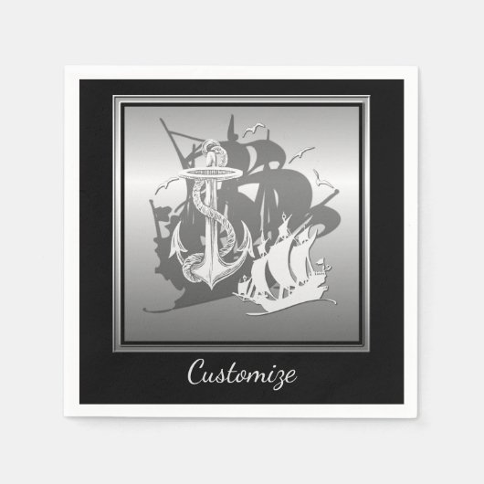 Pirate Ship & Anchor White Silhouette Napkins 2 Servetten (Voorkant)