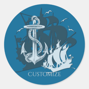 Pirate Ship & Anchor White Silhouette Ronde Sticker