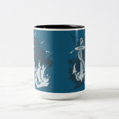 Pirate Ship & Anchor White Silhouette Tweekleurige Koffiemok (Center)