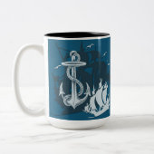 Pirate Ship & Anchor White Silhouette Tweekleurige Koffiemok (Links)