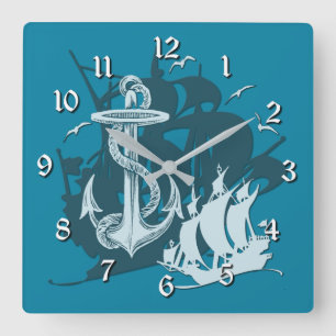Pirate Ship & Anchor White Silhouette Wall Clock 2 Vierkante Klok