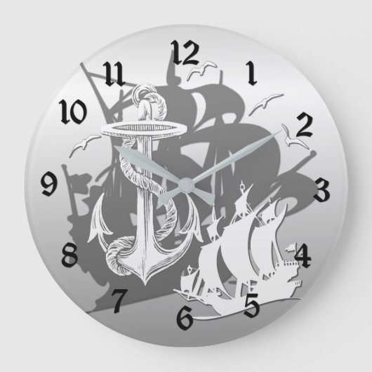 Pirate Ship & Anchor White Silhouette Wall Clock Grote Klok (Voorkant)