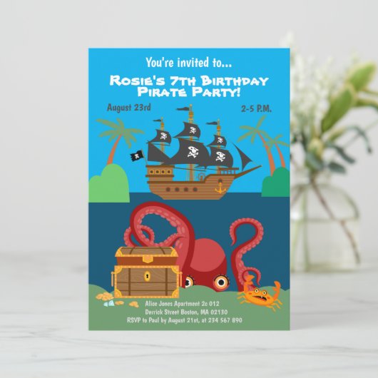 Pirate ship and zee monster Birthday Party Kaart (Staand voorkant)