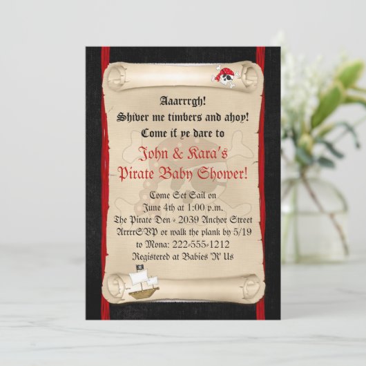 Pirate Ship Baby Shower Invitations - Red Skull Kaart (Staand voorkant)