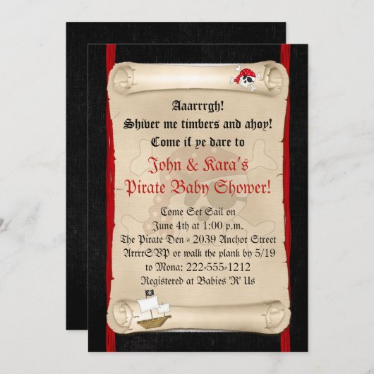 Pirate Ship Baby Shower Invitations - Red Skull Kaart (Voorkant / Achterkant)