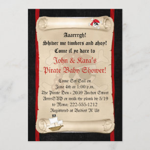 Pirate Ship Baby Shower Invitations - Red Skull Kaart