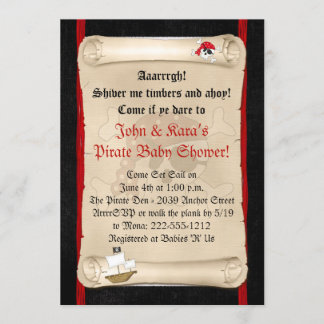 Pirate Ship Baby Shower Invitations - Red Skull Kaart