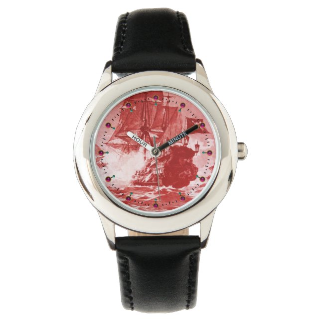 PIRATE SHIP BATTLE Antiek Red White Nautical Horloge (Voorkant)