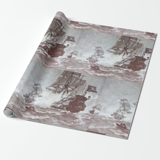 PIRATE SHIP BATTLE Zwart Wit Grijs Hues Cadeaupapier (Uitgerold)