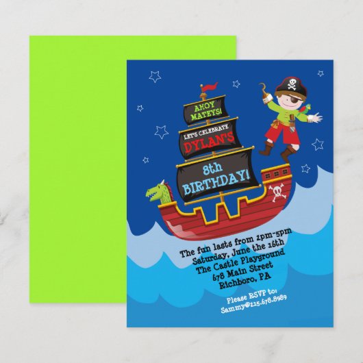 Pirate Ship Birthday Invitation Kaart (Voorkant / Achterkant)