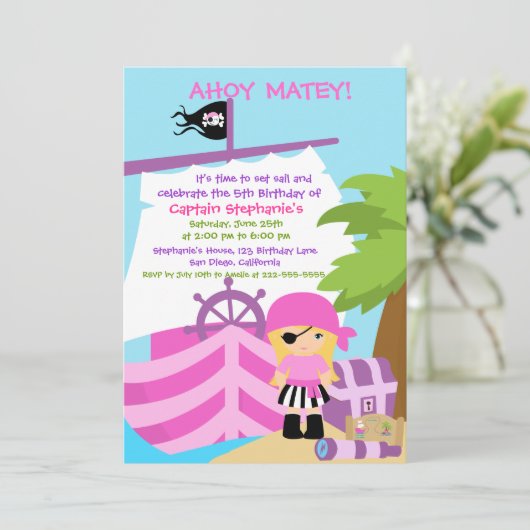 Pirate Ship Blonde Girl Birthday Kaart (Staand voorkant)