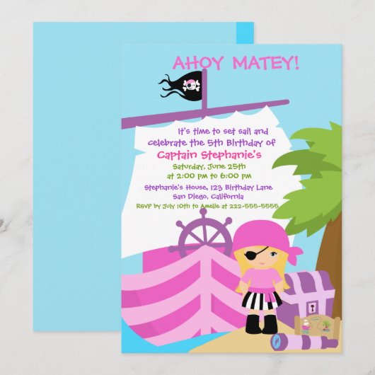 Pirate Ship Blonde Girl Birthday Kaart (Voorkant / Achterkant)