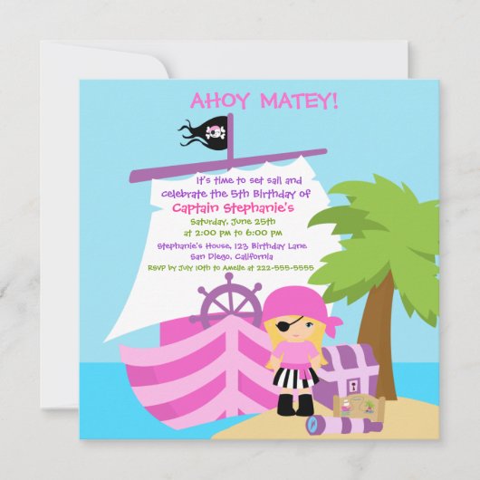 Pirate Ship Blonde Girl Birthday Kaart (Voorkant)