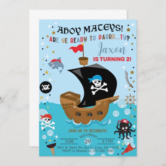 Pirate ship boy verjaardagsuitnodiging. kaart (Voorkant / Achterkant)